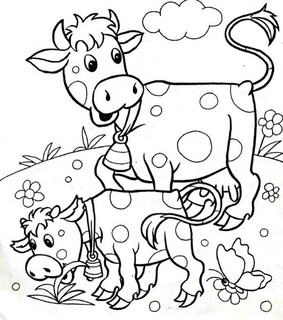 Корова с телёнком на лугу